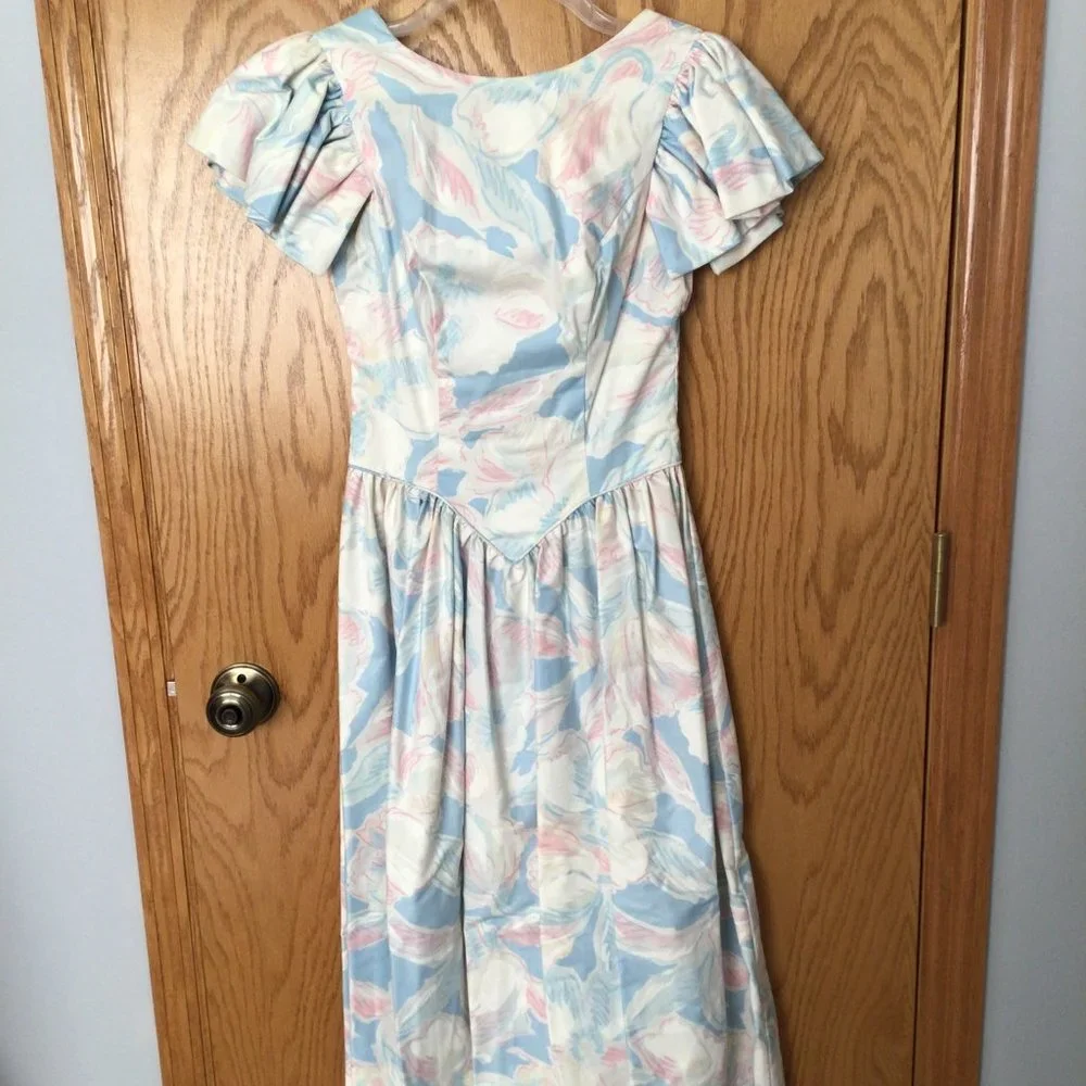 Custom made dress; pastel blue, pink, white, cream floral - Picture 6 of 10